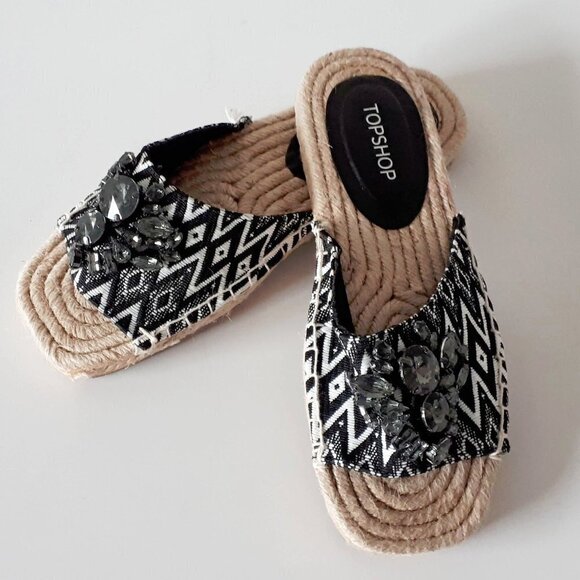 NWT Topshop black & white textile smoked crystal bejewelled flat slide sandals - Picture 7 of 12